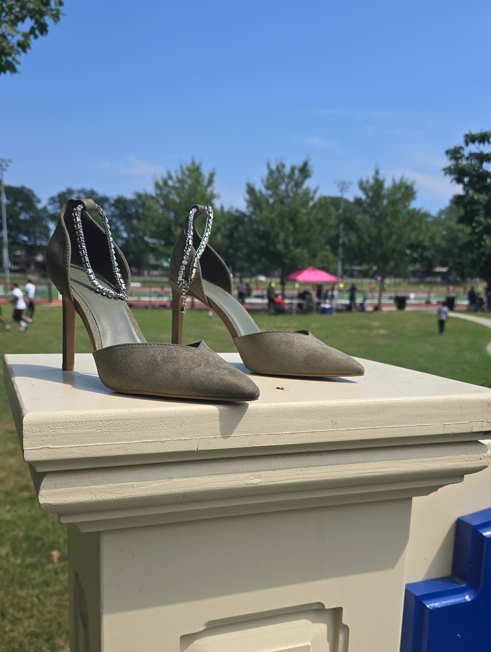 Nordstrom Olive Suede Pointed-Toe Stiletto Heels with Rhinestone Ankle Chain